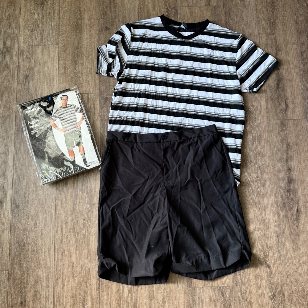 Spirit Halloween Pugsley Addams Costume Mens XL Black Striped Shirt Shorts Set